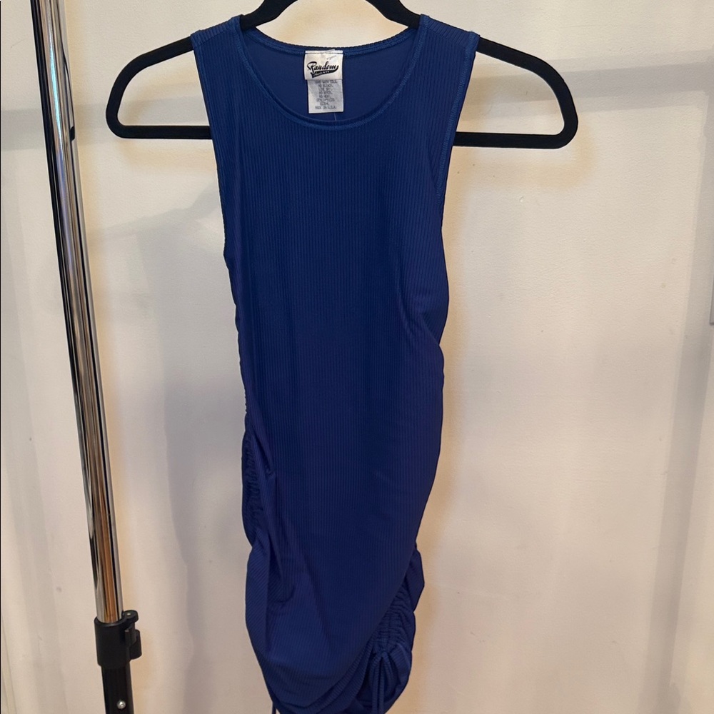 Blue SleevelessRibbed bodycon dress with Ruched string sides